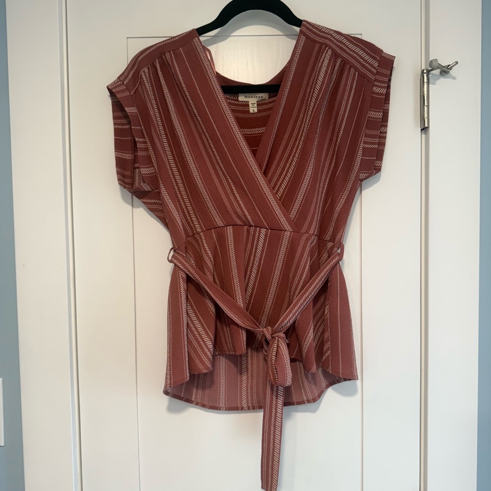 Monteau Rust Striped Wrap Blouse